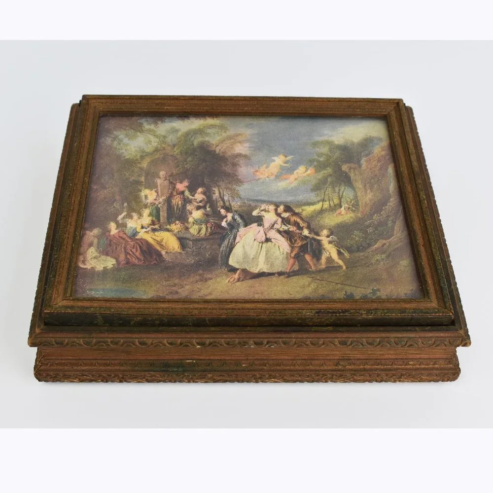 Rare antique wooden box with decorative lid, collectible painting storage box